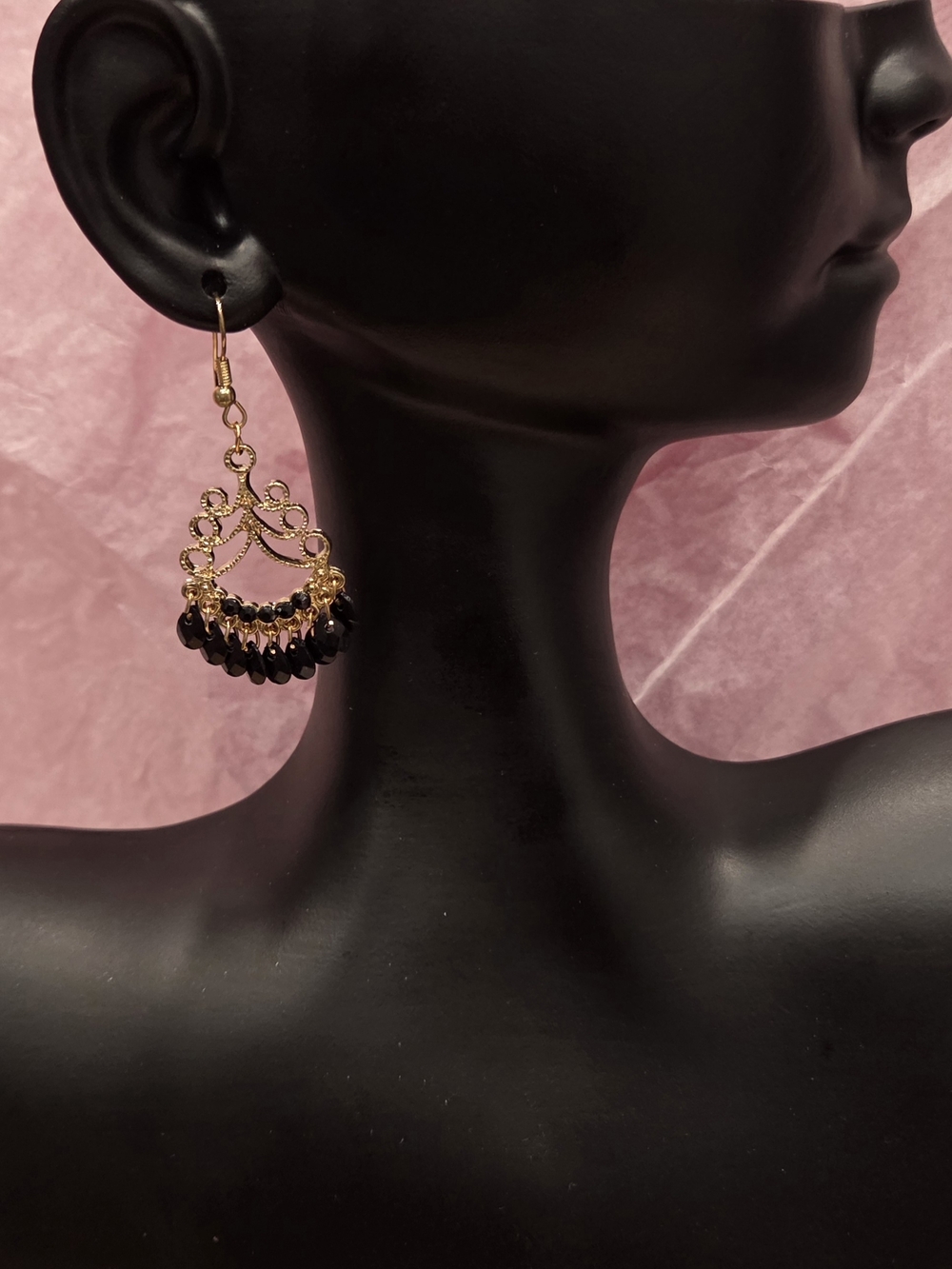 Gold Chandelier Earrings with Black Beads - Women Jewelry